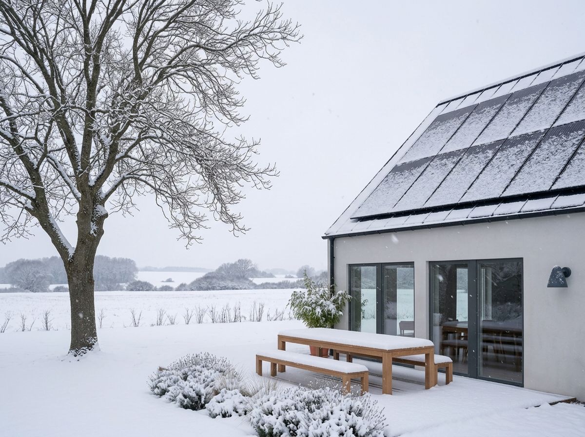 Vitt WAND-hus i snöigt vinterlandskap